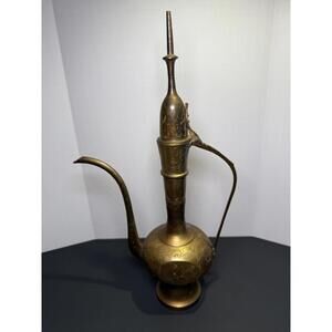 Vintage Brass Ewer Pitcher Engraved Floral Etched Handle Spout 14 Inch Tall Deco